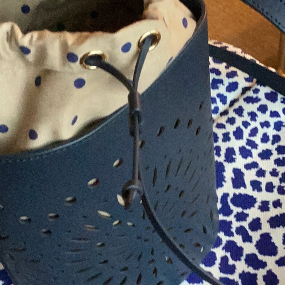 Chico's Navy Leather Crossbody Bag with Beige/Navy Dot Drawstring Liner